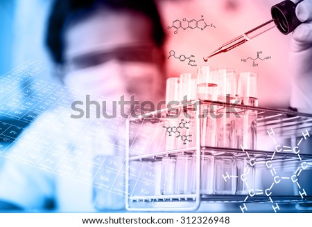 Investigator checking test tubes. Man wears protective gogglesresearcher is testing, dropping reagent to test tube at laboratory with chemical equations and periodic table background.