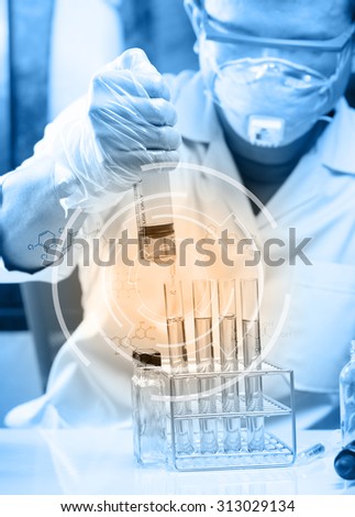 Conical flask in scientist hand with lab glassware background, Laboratory research concept,scientist with equipment and science experiments.with chemical equations