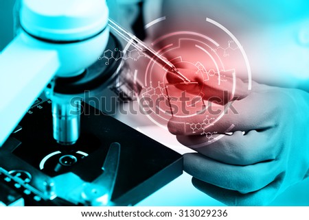 Scientist  dropping chemical liquid to microscope with chemical equations , Laboratory research concept
