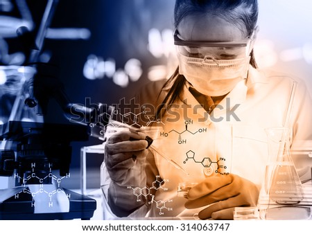 scientist with equipment and science experiments,Laboratory glassware containing chemical liquid, science research with chemical equations.