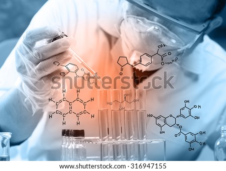 scientist  dropping chemical liquid to flask with lab glassware background, Laboratory research concept,Researcher is dropping the reagent into test tube, with chemical equations background