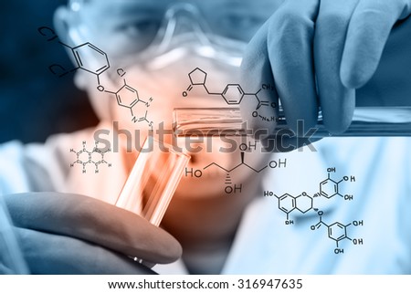 Hands of clinician holding tools during scientific experiment , Researcher is dropping the reagent into test tube, with chemical equations background, in laboratory