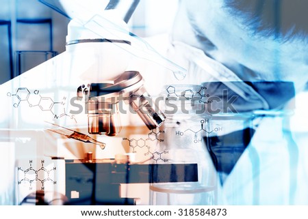 Scientist  dropping chemical liquid to microscope, Laboratory research concept;with chemical equations ;Double exposure style