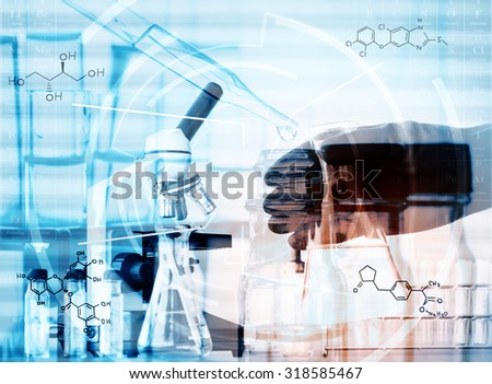 chemist dropping the clear reagent into test tube for reaction testing in chemical laboratory, with chemical equations and periodic table background.Double exposure style
