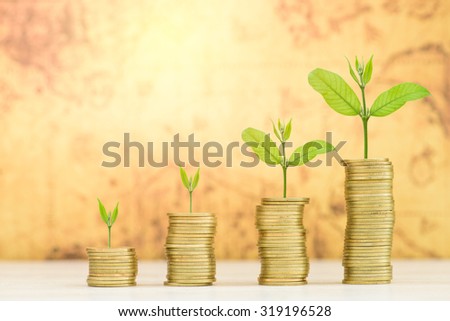 Business Finance and Money concept, Money Gold coin stack growing graph with old map background;Trees growing on gold coin