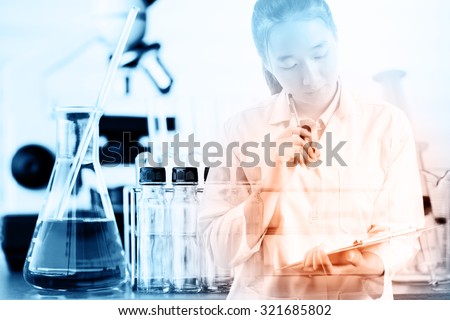 scientist thinking for writing report with equipment and science experiments.Double exposure style