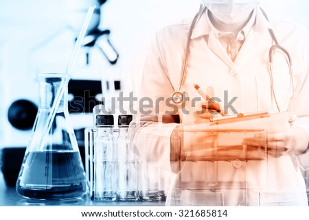 scientist writing report with equipment and science experiments.Double exposure style