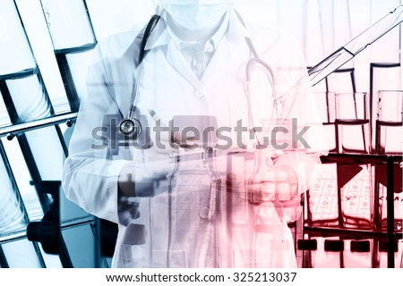doctor or chemist with pen writing down observations in laboratory with test tube in rack Double exposure style.Laboratory research concept