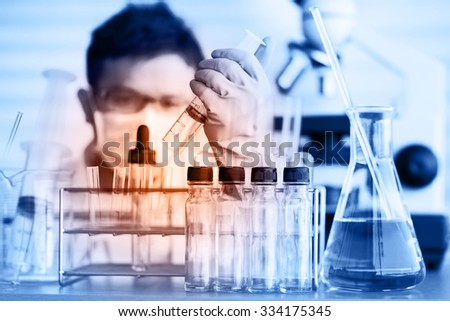 scientist with equipment and science experiments ;Double exposure style