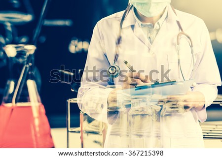 Double exposure of Scientists or doctor is writing report with Laboratory glassware containing chemical liquid, science research concept,vintage process style