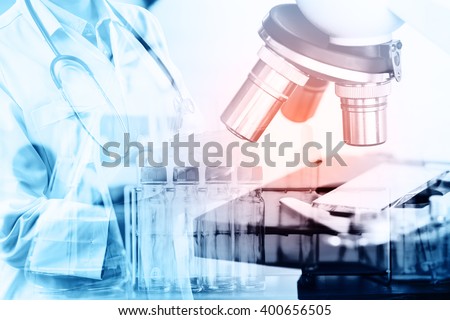 Double exposure of scientist or doctor with equipment and science experiments background , science research,science background