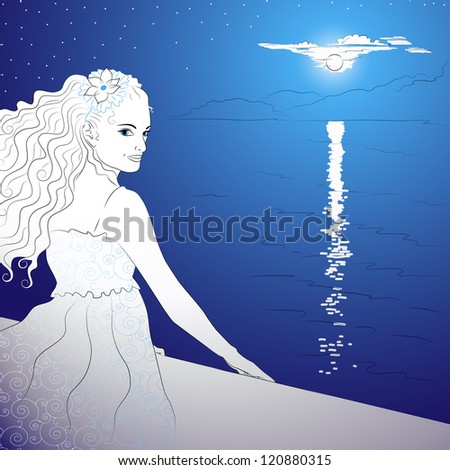 Illustration on the theme of recreation and travel. Girl near the sea on a summer evening. Blue gradients.