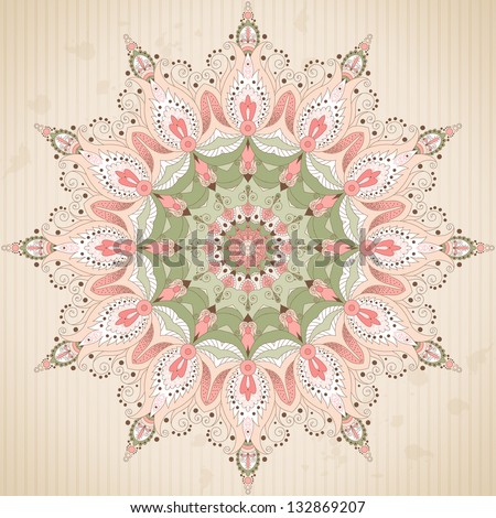 Round Lace Pattern With Oriental Floral Elements On Vintage Background With Stripes And Blotches