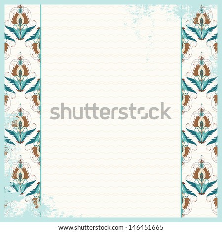 Vintage card. Oriental floral border on vintage background. Shabby surface. Place for your text. Perfect for greetings, invitations or announcements. Raster copy of the vector.