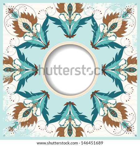 Round frame with oriental floral elements. Shabby surface. Place for your text. Perfect for greetings, invitations or announcements. Raster copy of the vector.