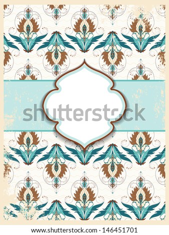 Vintage card. Oriental floral pattern on vintage background. Made old surface. Frame for your text. Perfect for greetings, invitations or announcements. Raster copy of the vector.