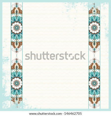 Vintage card. Oriental floral pattern on vintage border. Shabby surface. Place for your text. Perfect for greetings, invitations or announcements. Raster copy of the vector.