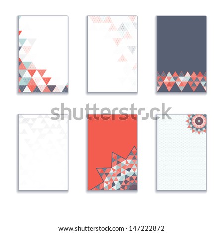 Set of six vertical business cards or tags. Multicolored triangles and grid. Complied with the standard sizes. Raster copy of the vector.