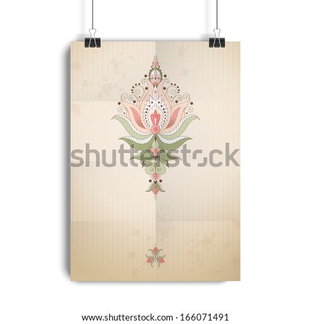 Poster. Sheet of paper folded in eight. The paper hangs on the clamps. Damask pattern on vintage background. Old paper, strips and stains. Place for your text.