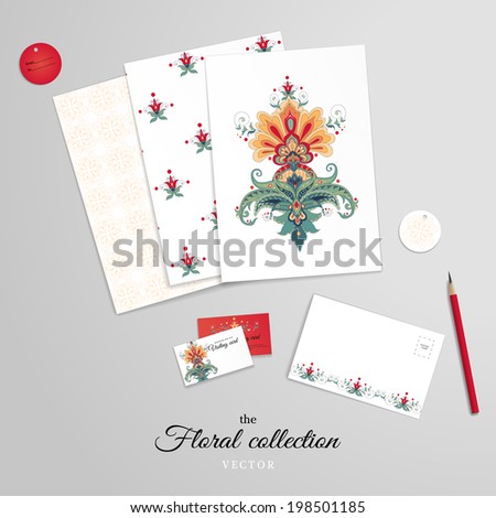 Vector set for design. Corporate design or card making and scrapbooking. Beautiful floral pattern in oriental style. Paper and various cards. Pencil. Realistic shadows.