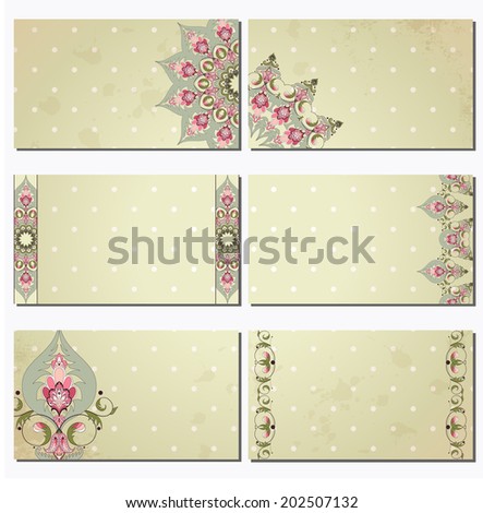 Set of six horizontal business cards. Oriental pattern and old paper, polka dots and stains. Complied with the standard sizes.