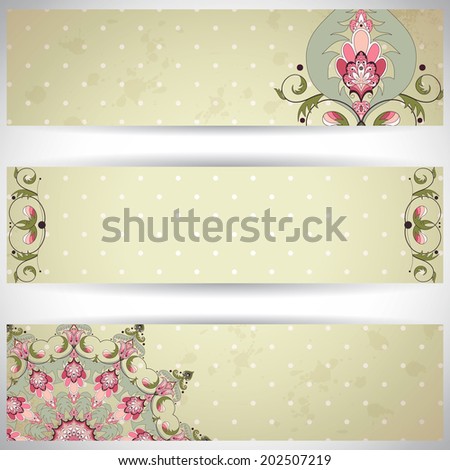 Set of three horizontal banners. Oriental pattern and old paper, polka dots and stains. Place for your text.