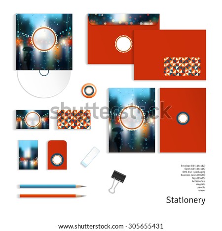 Templates. Autumn, rain, wet glass, street. Geometric pattern. Envelope, cards, business cards, tags, disc with packaging, magnet, pencils, eraser, clamp.