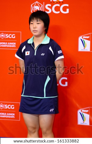 BKK,THA-Nov3:Akane Yamaguchi pose on the podium singles final match during the SCG BWF World Junior Championships at national stadium Hun-Mak on NOVEMBER3,2013in Bangkok,Thailand