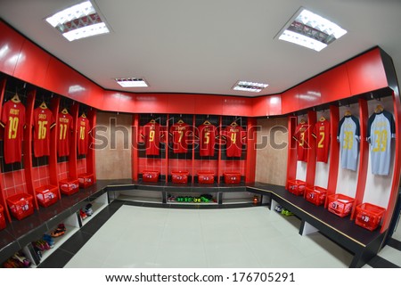 Nonthaburi-Feb 8:Athletic Dressing Rooms Team Scg Muangthong Utd. During Football Afc Champions League 2014 Between Mtutd And Hanoi T&Amp;T At Scg Stadium On February8,2014 In Thailand