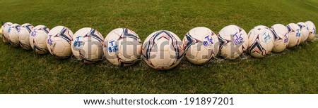PATHUMTHANI THAILAND-MAY 05:Detailed view of a football league ball ahead of the  Thai Premier League match between Police Utd.and Songkhla Utd.at Thammasat Stadium on May 05,2014,Thailand