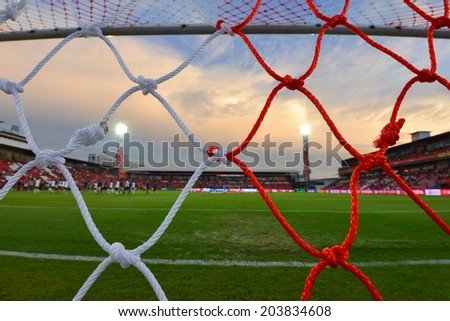 NONTHABURI THAILAND-Jul02:soccer goal nets during of SCG Stadium during  the Toyota League Cup between SCG Muangthong Utd and Buriram United at SCG Stadium on July02,2014,Thailand