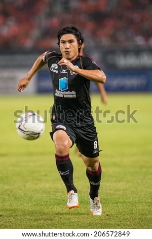 PATHUMTHANI THAILAND-Jul19:Tanapat Na Tarue(B) of Police Utd.for the ball during the Thai Premier League between Police United and Sisaket FC at Thammasat Stadium on July19,2014,Thailand