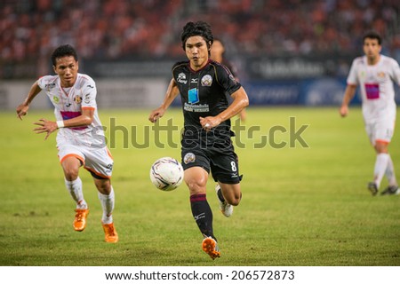 PATHUMTHANI THAILAND-Jul19:Tanapat Na Tarue(B)of Police Utd.in action during the Thai Premier League between Police United and Sisaket FC at Thammasat Stadium on July19,2014,Thailand