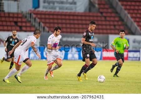 PATHUMTHANI THAILAND-Jul19:Michael Murcy(B) of Police Utd.for the ball during  the Thai Premier League between Police United and Sisaket FC at Thammasat Stadium on July19,2014,Thailand