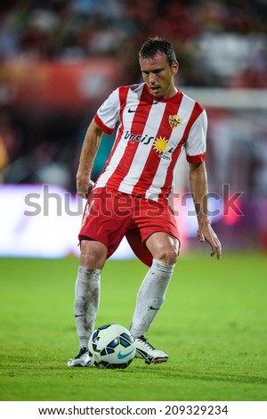 BANGKOK THAILAND-Jul30:Mane of Almeria. for the ball during  the LFP World Challenge 2014 between SCG Muangthong UTD. and Almeria at SCG Stadium on July30,2014,Thailand