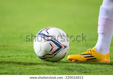 BANGKOK THAILAND-Sep20:foot in close up of soccer cleats during in the Charity Shield for Paralympicthai Between Muangtohong Vs BG FC.at SCG Stadium on September20,2014 in Thailand