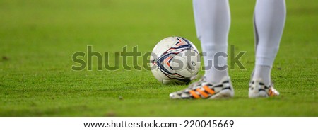 BANGKOK THAILAND-Sep20:Detail of soccer cleats during in the Charity Shield for Paralympicthai Between Muangtohong Vs BG FC.at SCG Stadium on September20,2014 in Thailand