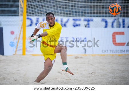 PHUKET THAILAND-NOV19:Goalkeeper AL FARSI SAID Ali of Oman in action during the Beach Soccer match between Oman and Vietnam the 2014 Asian Beach Games at Saphan Hin on November19,2014 in Thailand