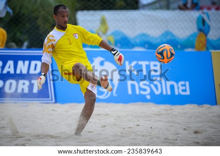 PHUKET THAILAND-NOV19:Goalkeeper AL FARSI SAID Ali of Oman kicks the ball during the Beach Soccer match between Oman and Vietnam the 2014 Asian Beach Games at Saphan Hin on November19,2014in Thailand
