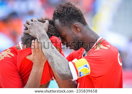 PHUKET THAILAND-NOV19:unidentified players during of Oman reacts during the Beach Soccer match between Oman and Vietnam the 2014 Asian Beach Games at Saphan Hin on November19,2014 in Thailand