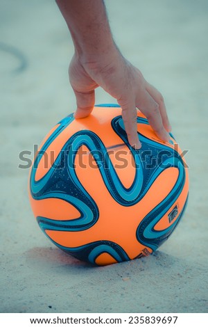 PHUKET THAILAND-NOV19:close up football during the in action during the Beach Soccer match between Oman and Vietnam the 2014 Asian Beach Games at Saphan Hin on November19,2014 in Thailand