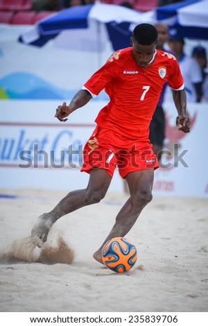 PHUKET THAI-NOV19:Masoud Salim AL SAUTI Abdullah of Oman in action during the Beach Soccer match between Oman and Vietnam the 2014 Asian Beach Games at Saphan Hin on November19,2014 in Thailand