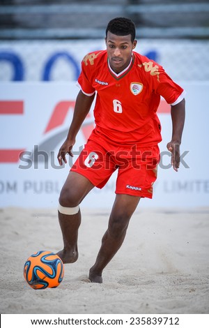 PHUKET THAI-NOV19:ABDULLAH Al Alawi Ghait  of Oman run with the ball during Beach Soccer match between Oman and Vietnam the 2014 Asian Beach Games at Saphan Hin on November19,2014 in Thailand
