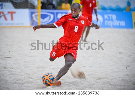 PHUKET THAILAND-NOV19:Yaqoob Rabia Al Alawi of Oman ikicks the ball during the  Beach Soccer match between Oman and Vietnam the 2014 Asian Beach Games at Saphan Hin on November19,2014 in Thailand