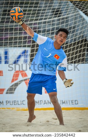 PHUKET THAI-NOV19:Goalkeeper TRAN Cong Thanh of Vietnam in action during the Beach Soccer match between Oman and Vietnam the 2014 Asian Beach Games at Saphan Hin on November19,2014 in Thailand