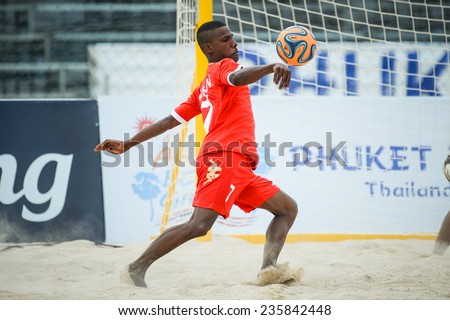 PHUKET THAI-NOV19:AL SAUTI Abdullah Masoud Salim of Oman in action during the  Beach Soccer match between Oman and Vietnam the 2014 Asian Beach Games at Saphan Hin on November19,2014 in Thailand