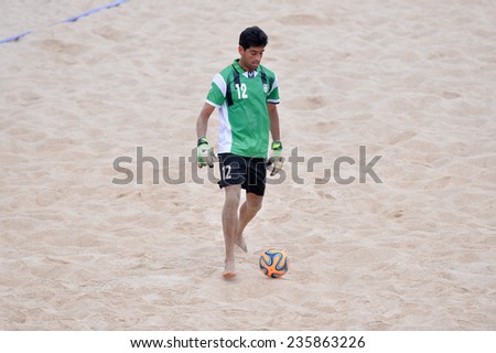 PHUKET THAILAND-NOV19:Goalkeeper Hamid Behzadpour of Iran during the Beach Soccer match between Iran and Thailand the2014 Asian Beach Games at Saphan Hin on November19,2014 in Thailand