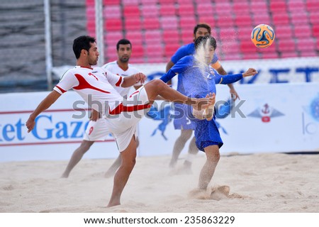 PHUKET THAILAND-NOV19:Shahriar Mozhdeh Roudsari(W)of Iran in action during the Beach Soccer match between Iran and Thailand the 2014 Asian Beach Games at Saphan Hin on November19,2014 in Thailand