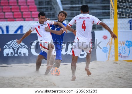PHUKET THAILAND-NOV19:Mohammadali Mokhtari(w)of Iran in action during the Beach Soccer match between Iran and Thailand the 2014 Asian Beach Games at Saphan Hin on November19,2014 in Thailand