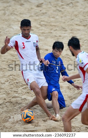 PHUKET THAILAND-NOV19:Hassan Abdollahi Mobarhan#3 of Iran in action during the Beach Soccer match between Iran and Thailand the 2014 Asian Beach Games at Saphan Hin on November19,2014 in Thailand